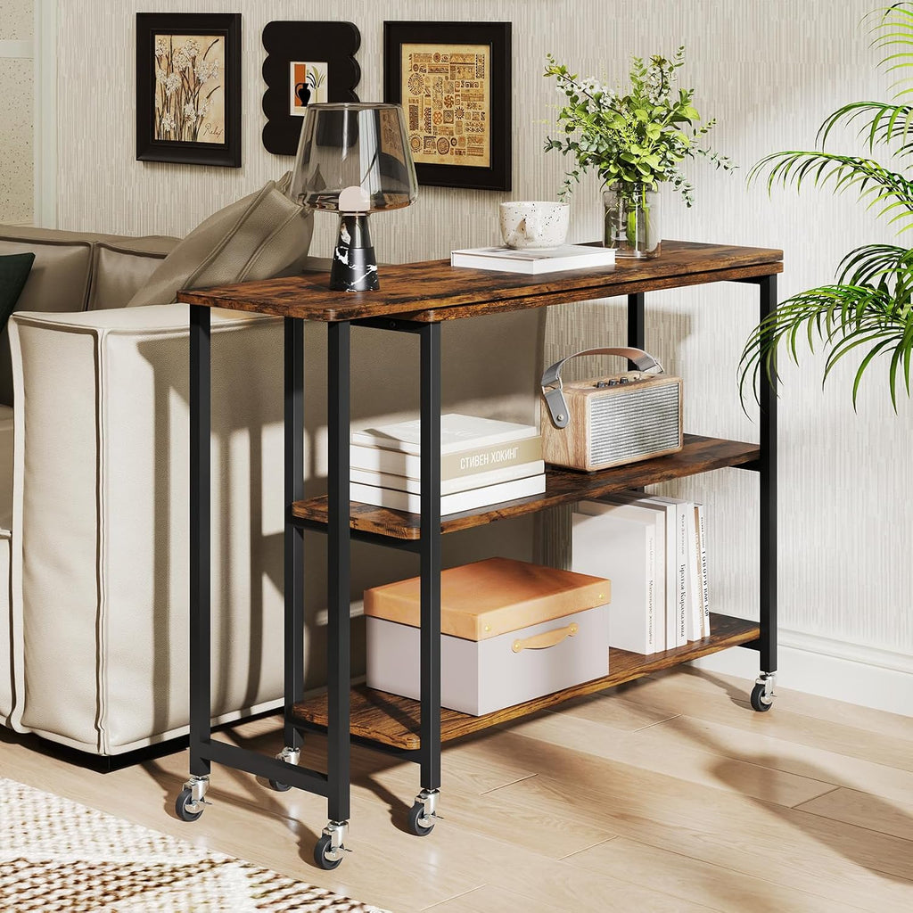 NAFORT 360° Rotating End Table with 6 Swivel Casters, Multi-Purpose Sofa Side Table with 265 lbs Weight Capacity, Rolling Couch Table with 2-Tier Storage Shelves, Rustic Brown