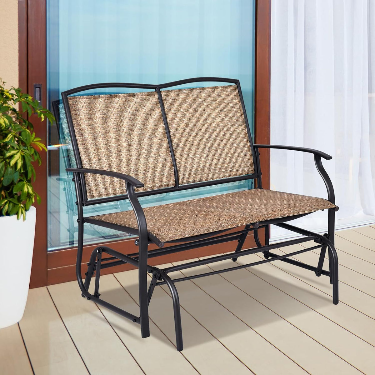 GIANTEX Patio Glider Benches for Outside, Swing Glider Chair w/Steel Frame | 400 LBS Capacity, Patio Swing Rocker, 2-Person Loveseat for Backyard, Poolside, Lawn, Balcony, Porch Glider Bench(Brown)