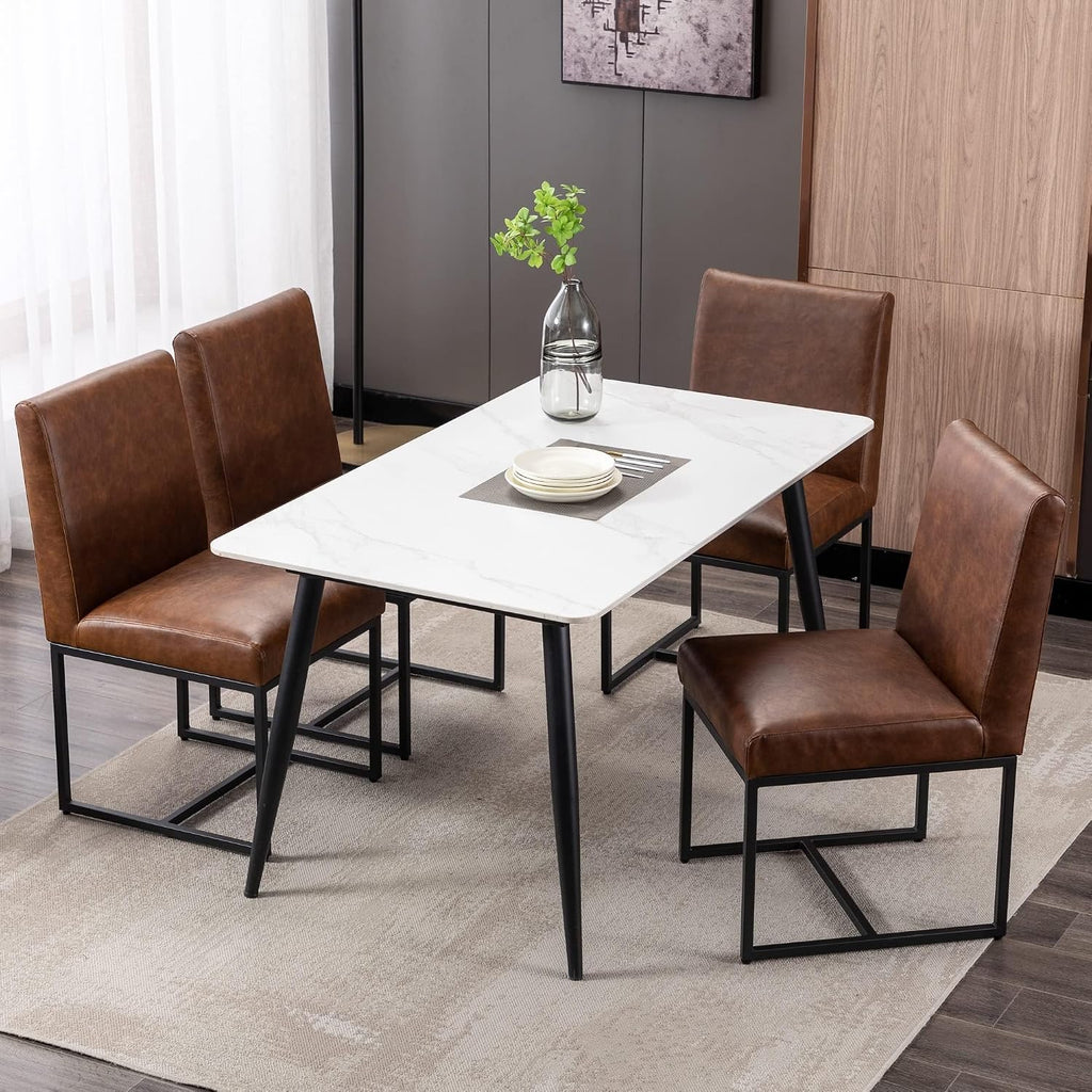 BESTANO Modern Dining Chairs Set of 4, Brown PU Leather Upholstered Kitchen & Dining Room Chairs with Black Metal Frame Armless Mid Century Side Kitchen Chair Sillas De Comedor