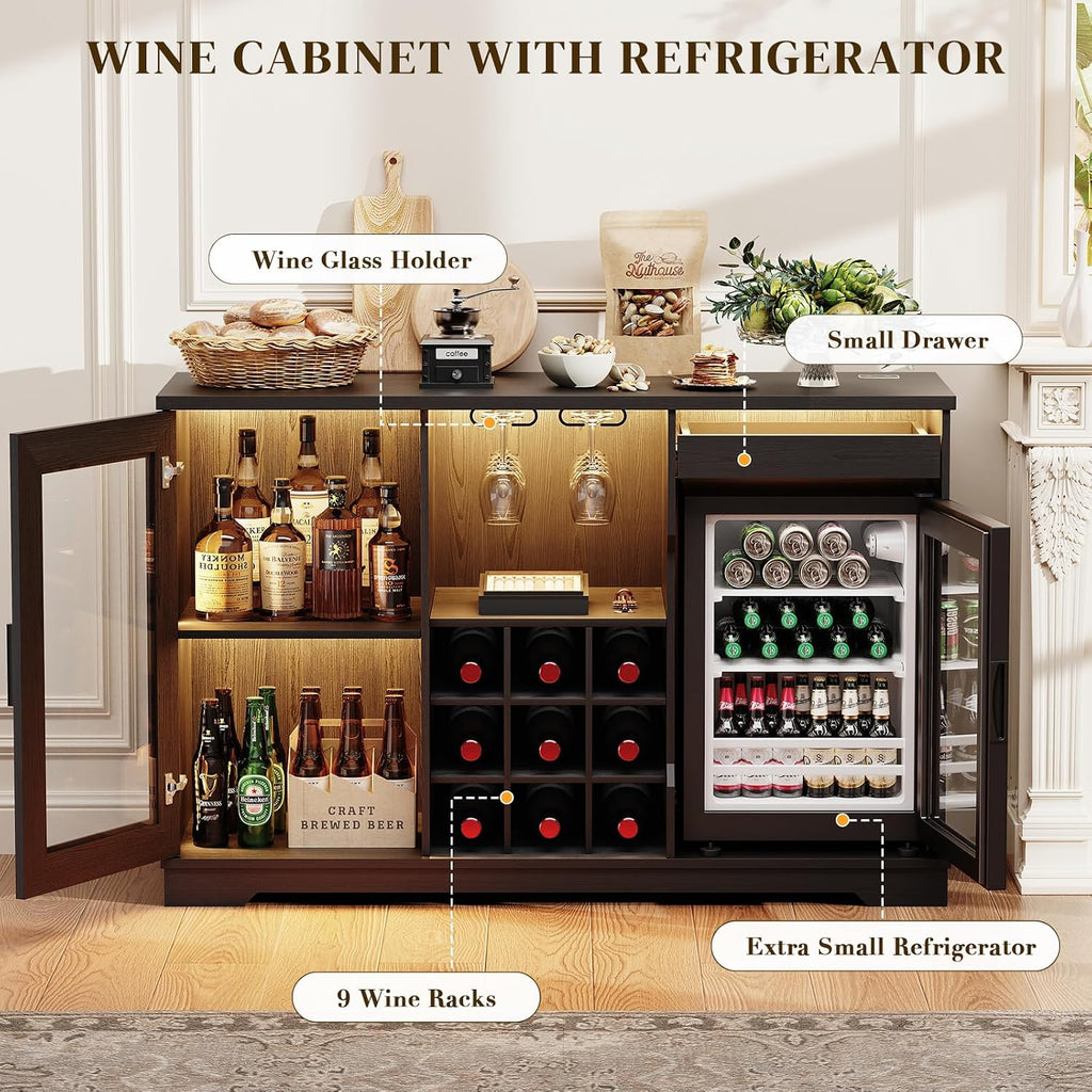 BROTTAR Large Coffee Bar Cabinet with Fridge (Fridge Included) | Liquor Wine Bar Cabinet with LED Lights, Glass Holder, Wine Rack, Human Body Sensor, Buffet Sideboard for Home, Black