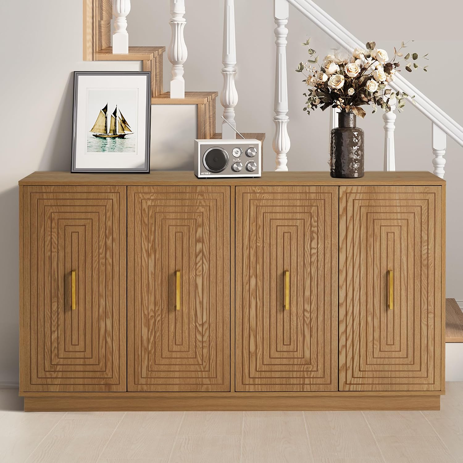 RoyalCraft 60'' Large Buffet Cabinet with Storage, Fluted Sideboard with Doors and Adjustable Shelves, Wood Credenzas Console Coffee Bar Cabinet for Kitchen, Living Room, Rustic Oak