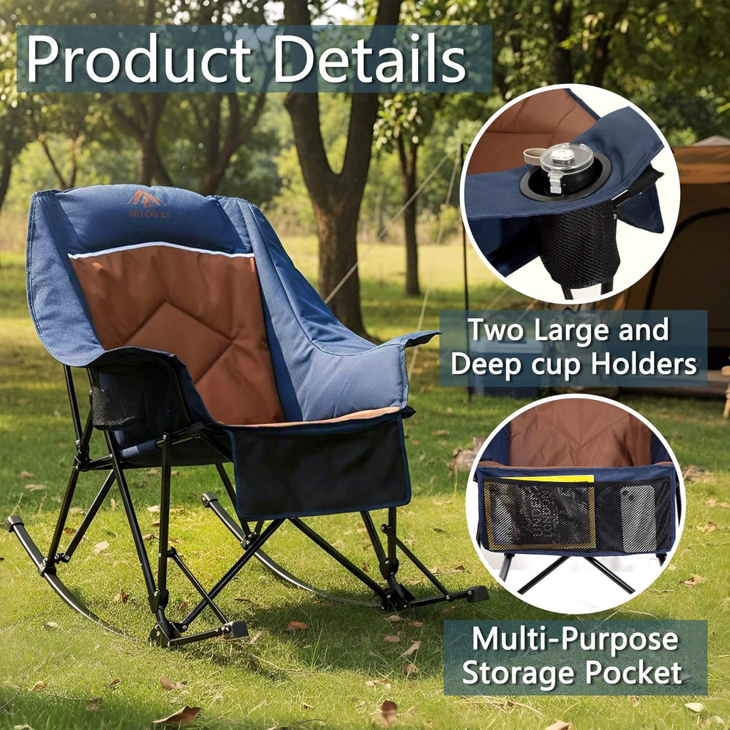 400lbs Rocking Camping Chair, Oversized Heavy Duty XL Folding Rocker for Adults, Padded High Back Big & Tall Support, with Cup Holders & Carry Bag for RV, Lawn, Patio & Sports