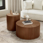 POVISON Fluted Side Set of 2, 20.08" Round End Side Table with Fluted Design for Living Room Bedroom Office, Light Walnut