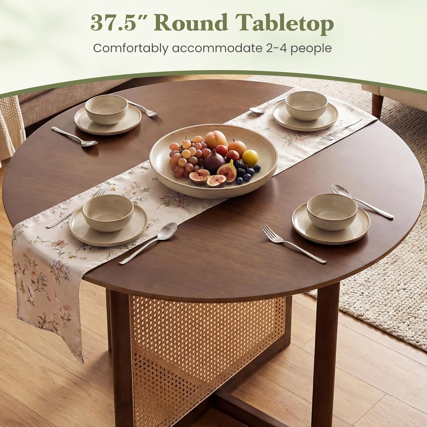 Giantex 37.5" Round Dining Table for 2-4, Farmhouse Kitchen Table with Solid Rubberwood Pedestal & Rattan Base, Modern Small Circle Dinner Table for Dinette Living Room