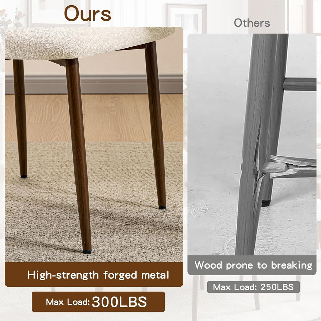 Furniliving Mid Century Modern Dining Chairs Set of 2, 300 lbs Capacity Upholstered Chenille Kitchen Chairs with Walnut Grain Metal Legs and Ergonomic Curved Back, Beige(Walnut/Chenille)