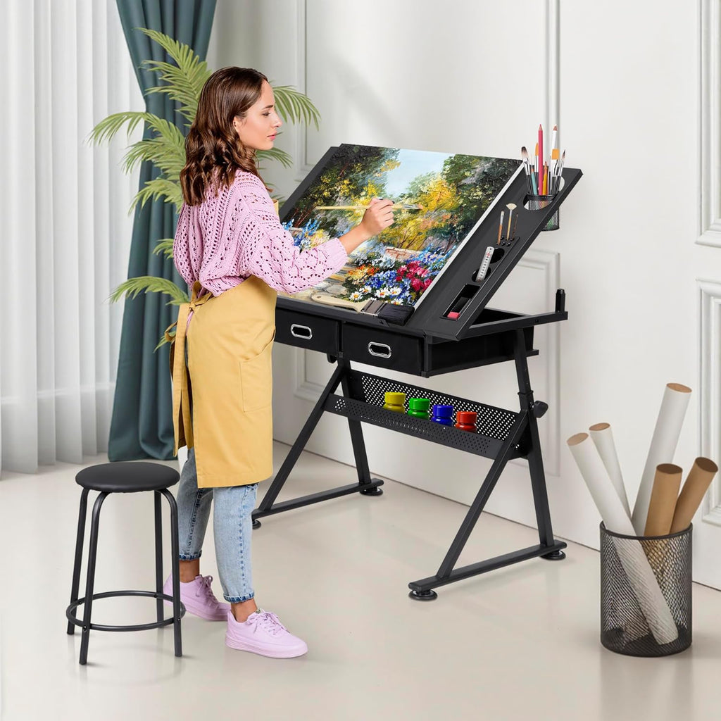 LEMY Drafting Table Art Desk, Height Adjustable Drawing Table Tilting Tabletop Work Station with Stool and Storage Drawer for Home, Office, Writing, Black