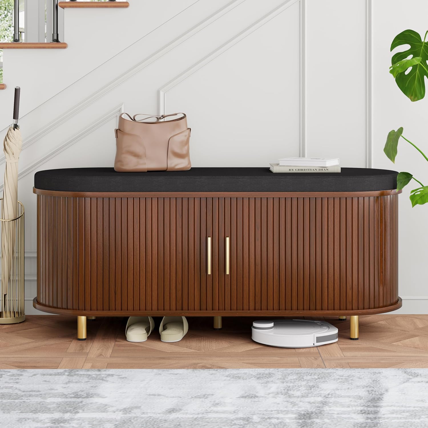 DHH 2-Tier Storage Bench,Wide Shoe Bench with Thickened Padded Seat Cushion, Mid Century Modern Fluted Sliding Door and Adjustable Shelf, for Entryway, Living Room, Bedroom (Walnut, 43.3“)