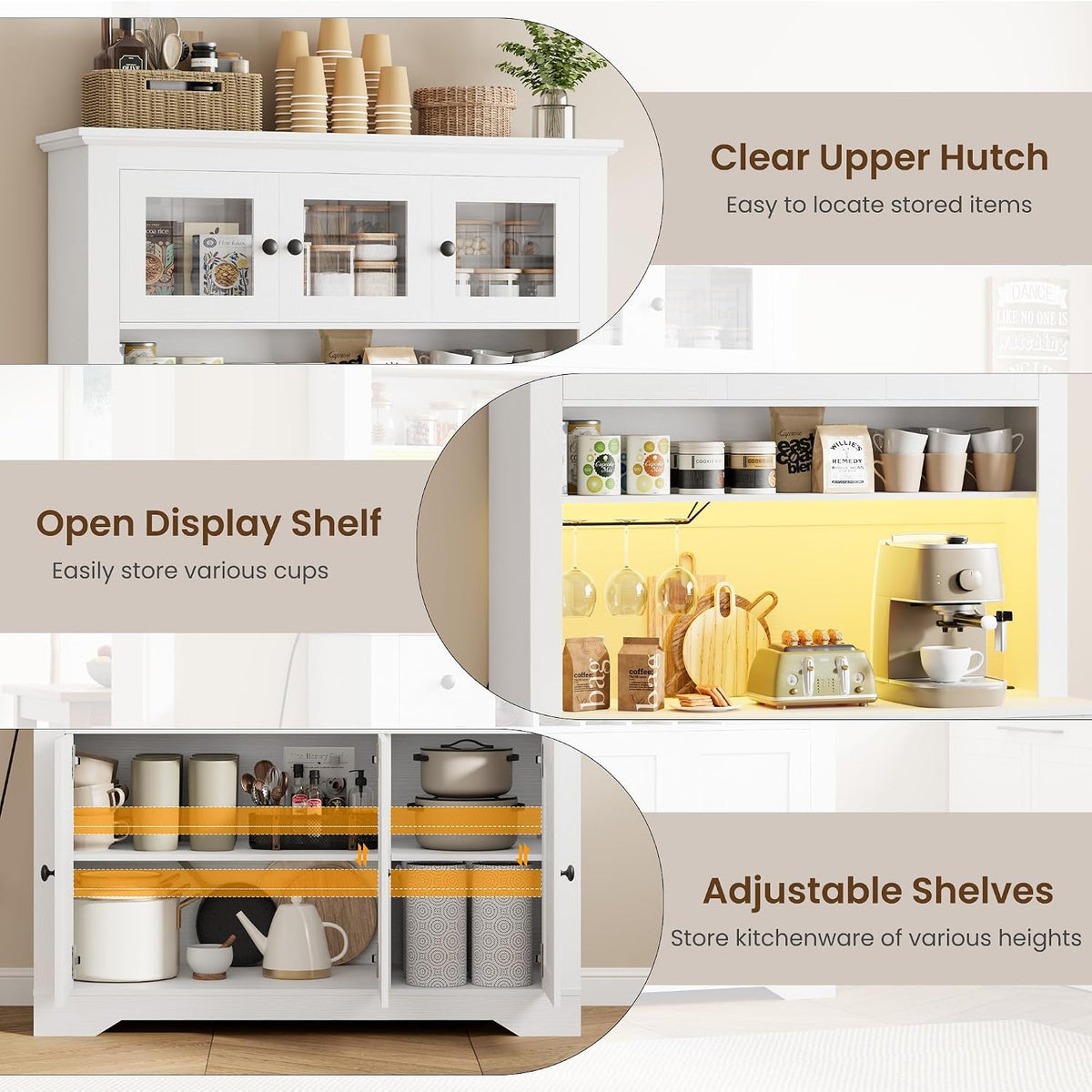 GAOMON 69" Pantry Cabinet with LED Light & Charging Station, Kitchen Pantry Storage Cabinet with Drawer & Adjustable Shelves, Coffee Bar Table for Kitchen Room, Living Room, Dining Room, White