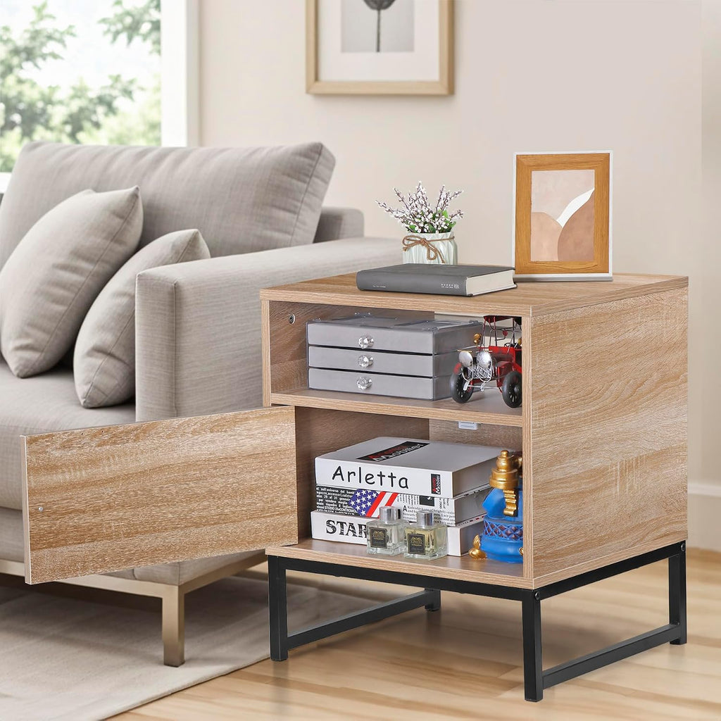 Nightstands End Table, PE Rattan Decor Drawer Opening Shelf, Set of 2 Bed Side Tables with Solid Steel Feet,for Bedroom Living Room Hallway, Natural
