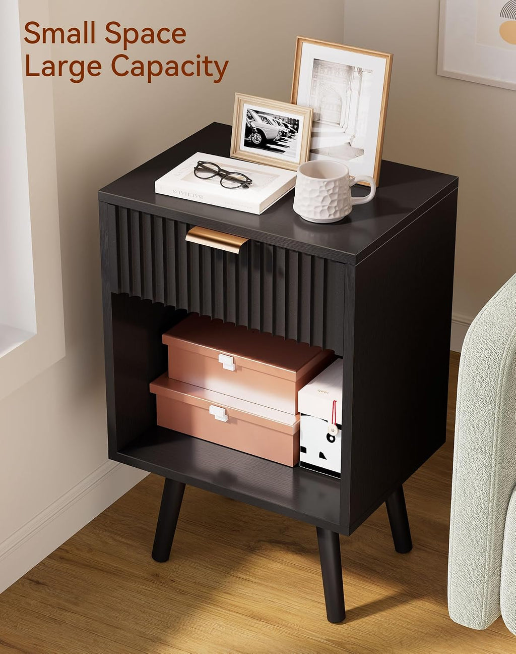 YMYNY Mid Century Modern Nightstand Set of 2, Side Table with Fluted Drawer, Open Shelf Unit, Golden Handle, Solid Wood Legs, Bedside Table, for Bedroom, Black UHST013B-2