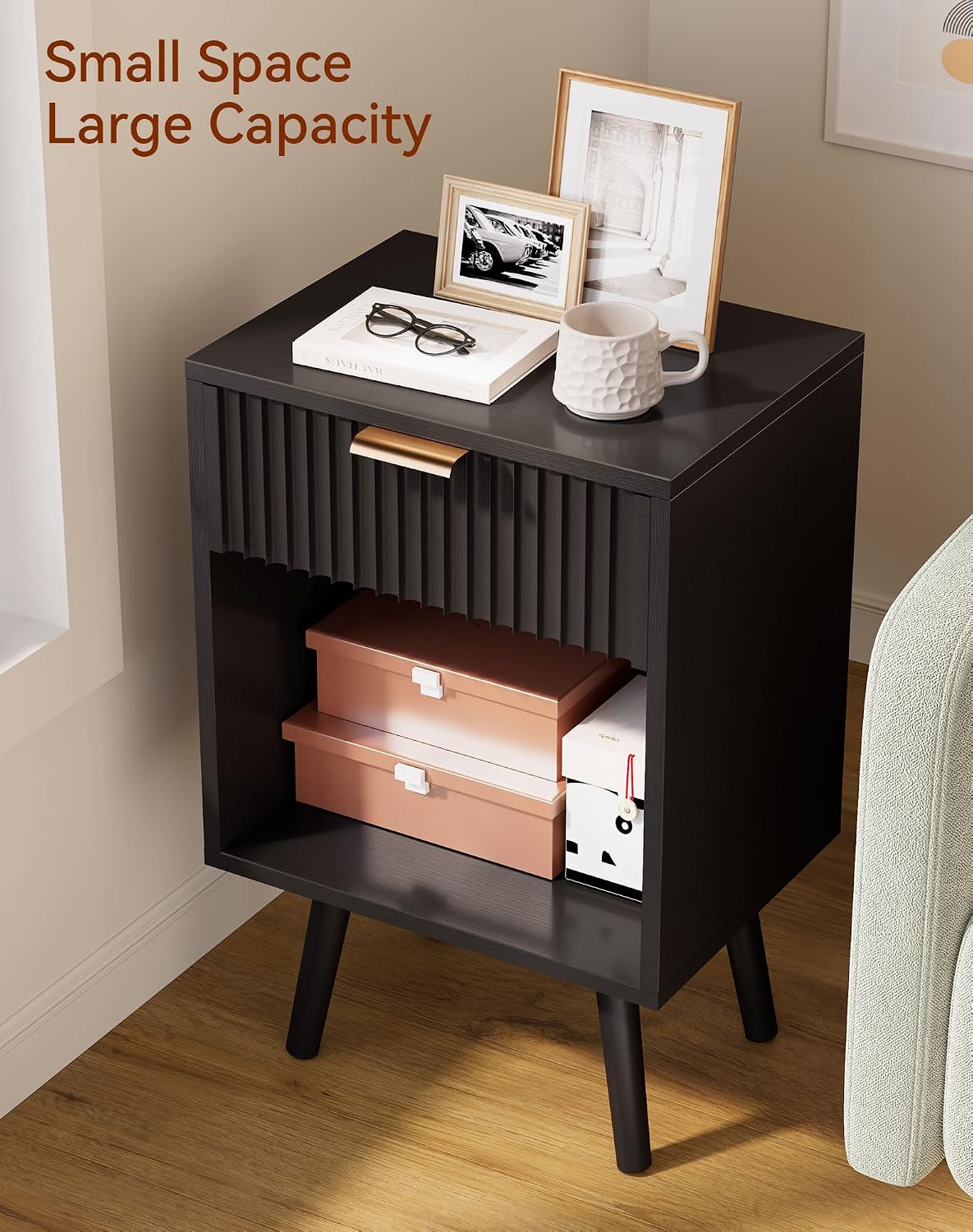 YMYNY Mid Century Modern Nightstand Set of 2, Side Table with Fluted Drawer, Open Shelf Unit, Golden Handle, Solid Wood Legs, Bedside Table, for Bedroom, Black UHST013B-2