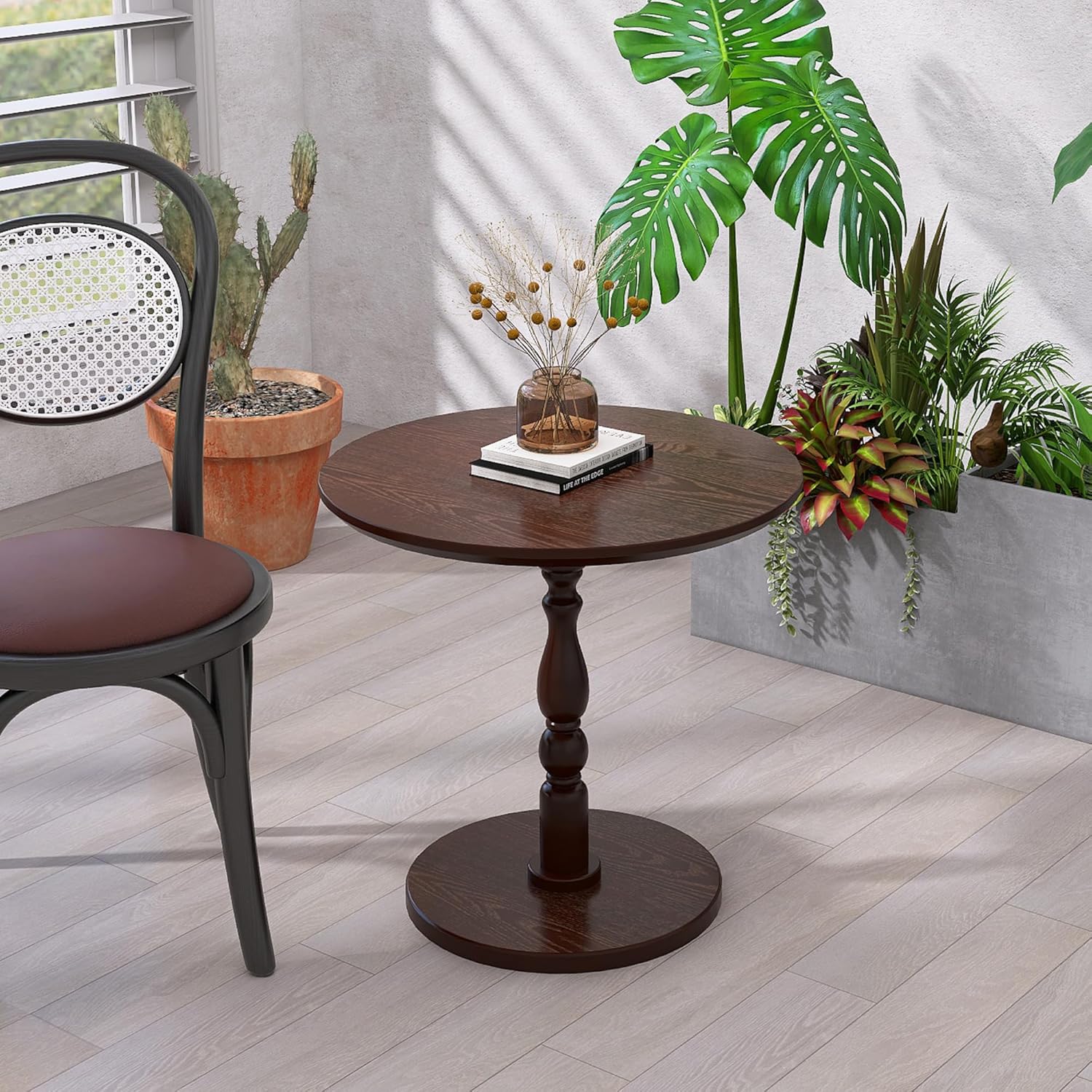 Round Side Table with Pedestal Base, 23.22" Wooden End Table, Coffee Table for Snacks & Drinks Living Room, Bedroom, Balcony (Walnut Dark Brown)