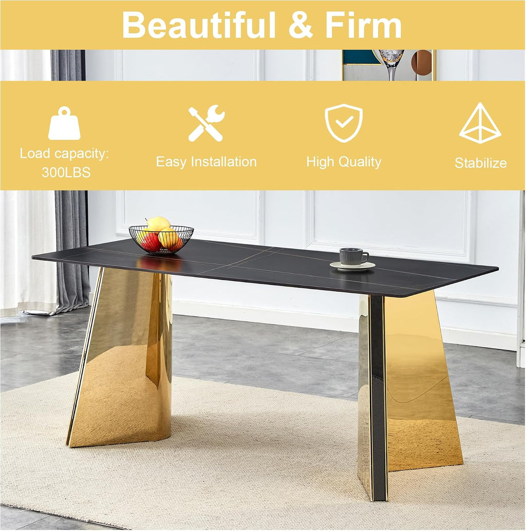 TesNus 7 Pieces Dining Table Set,63" Marble Kitchen Room Table with 6 Black Chairs,Rectangle Sintered Stone Top with Gold Legs,Large Dining Set for 6 Person for Kitchen Dining Room