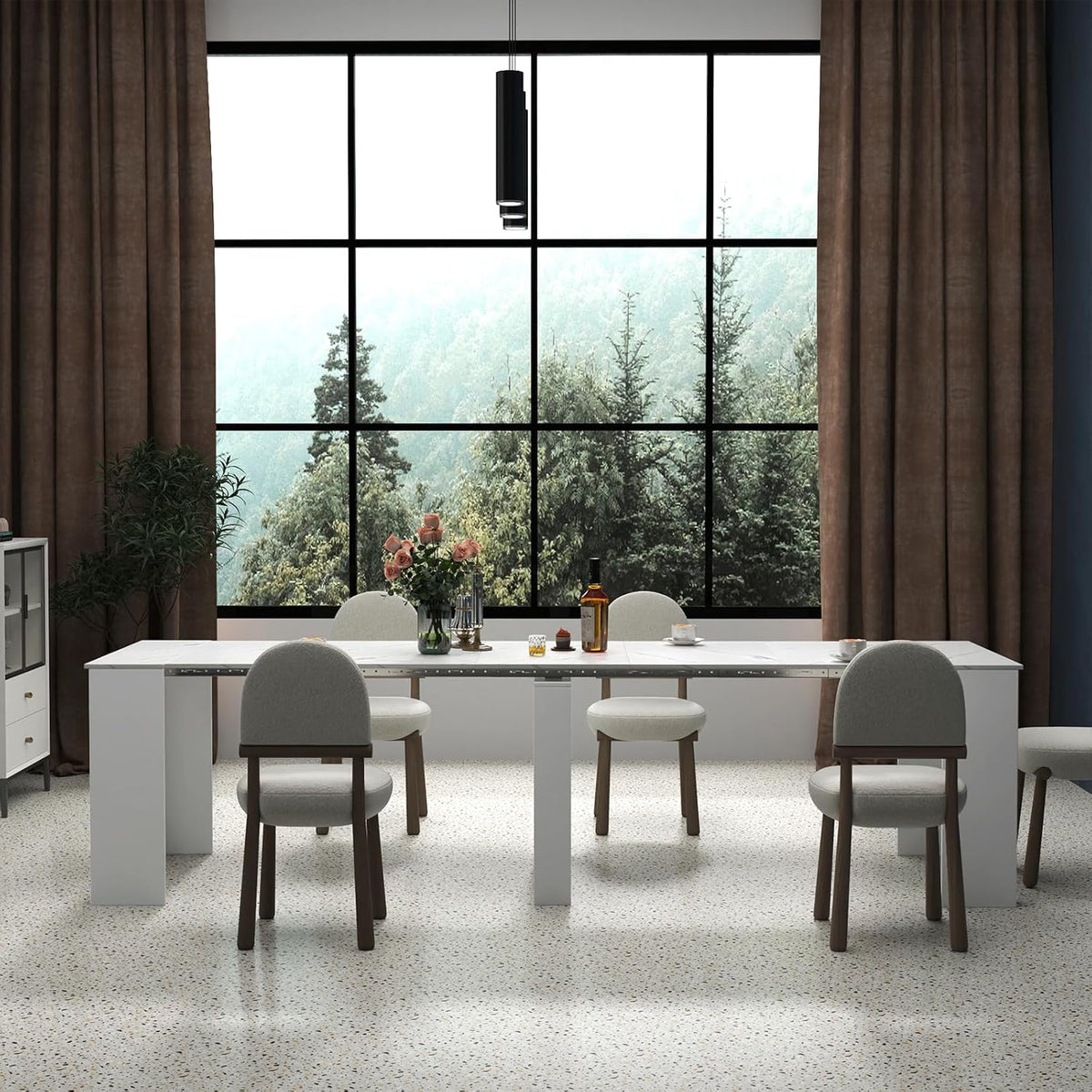 JOYSOURCE Extendable Dining Room Table for up to 12 People 20-119 inch Adjustable Large Extra Long Rectangular Space Saving Folding Dinner Table for Kitchen, Dining Room White Marble Finish