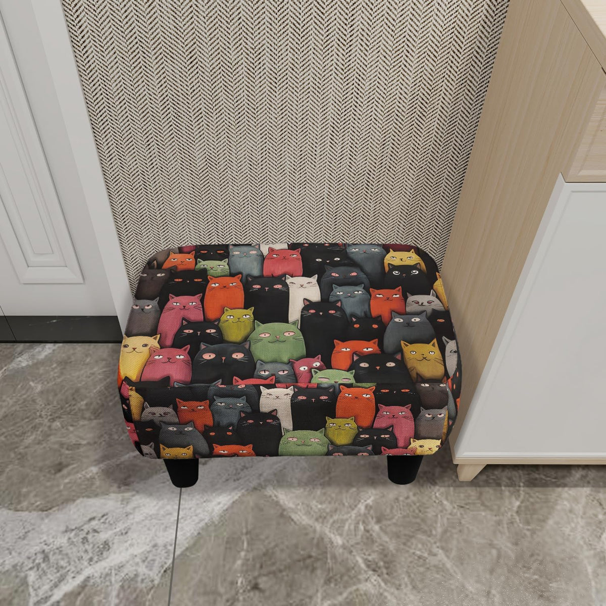 Cartoon Cat Print Square Linen Small Footstool Ottoman for Living Room