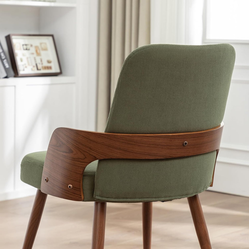 Dining Room Chairs,Mid Century Modern Kitchen Chairs,Green Corduroy Fabric Upholstered Accent Chairs,Metal Legs Wooden Desk Chairs,Armless and No Wheels for Kitchen Dining Room,1PCS