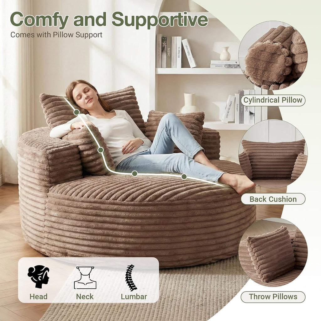 55''Oversized Round Chair Lounge Chaise Indoor, Modern Upholstered Corduroy Cloud Circle Chair with Deep Seat, Comfy Fluffy Sleeper Sofa for Living Room Bedroom No Assembly Required (Brown)