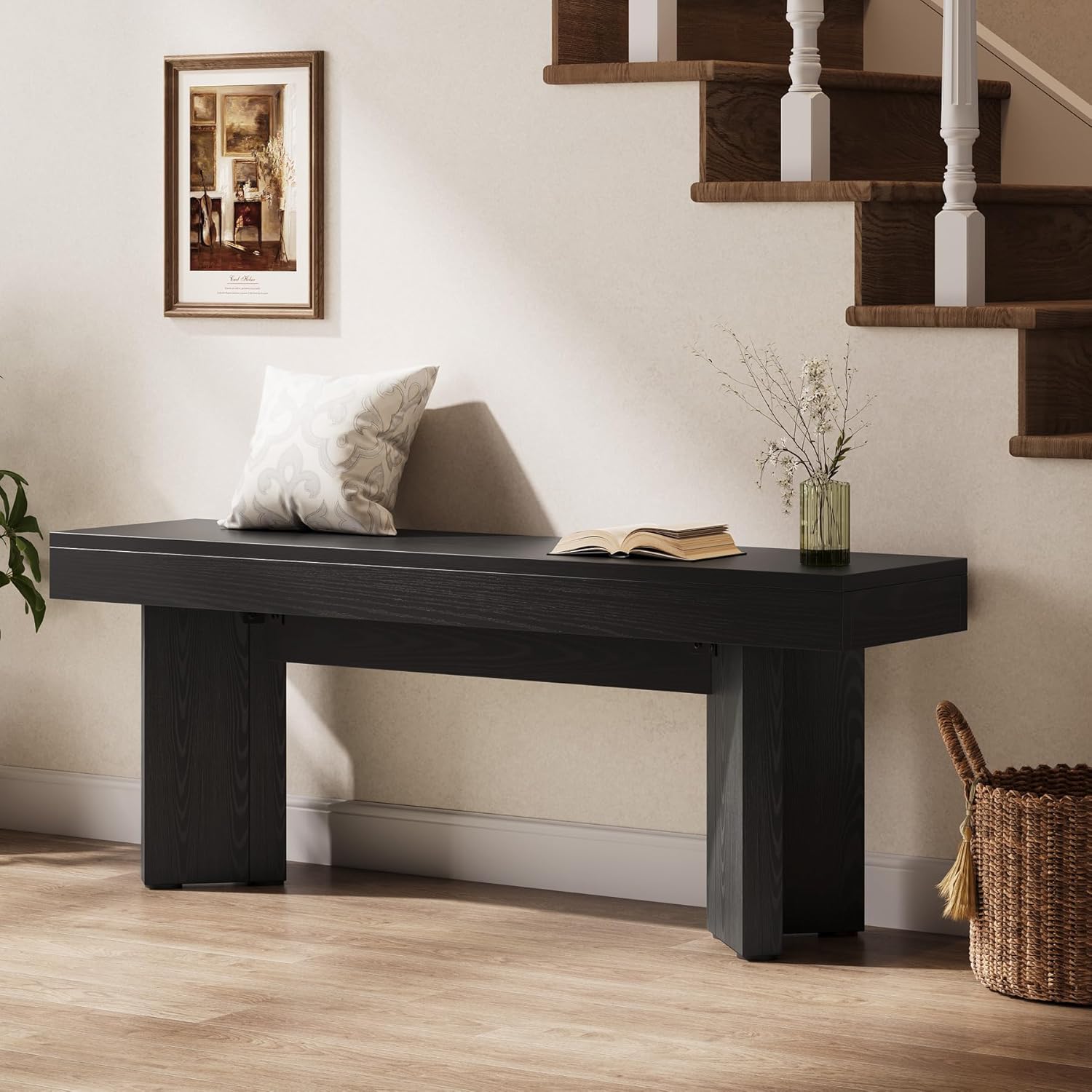 Tribesigns Wooden Entryway Bench, 47" Farmhouse Indoor End of Bed Bench, Long Dining Benches Seat for Bedroom, Dining Room, Hallway, Foyer (Black)