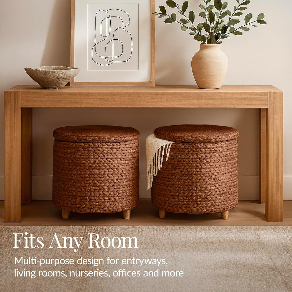 Best Choice Products 17" Round Storage Ottoman W/Lid, Handwoven Water Hyacinth Footstool, Footrest w/Wooden Legs, Accent Side Table, Storage Container, Plant Stand - Chestnut