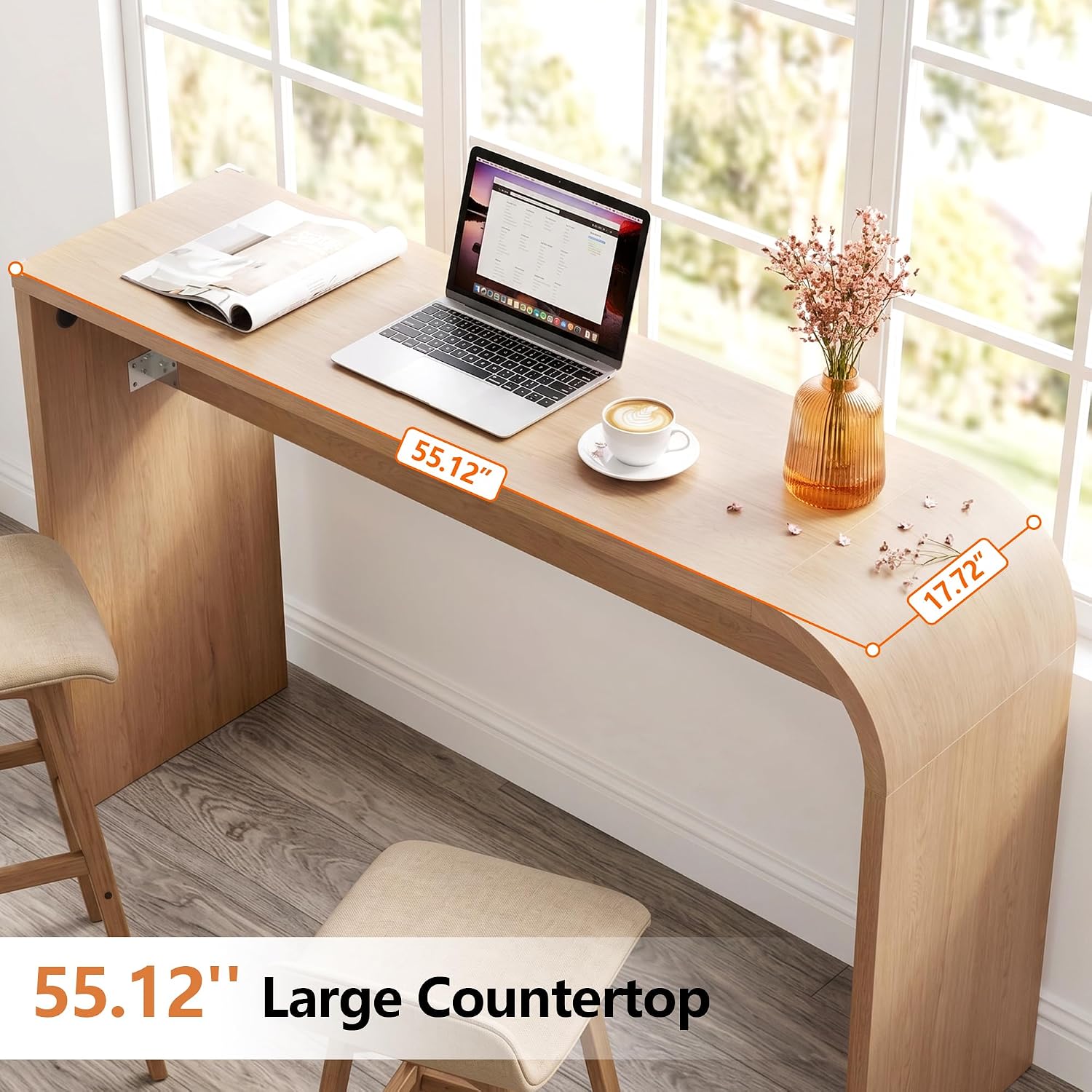 Curved Narrow Console Table, Skinny Behind Couch Counter Height Bar Table | 55.12"Lx17.72"Dx35.43"H Mid Century Modern Slim Breakfast Accent Table for Entryway Hallway Living Room, Rounded Edge-Natural