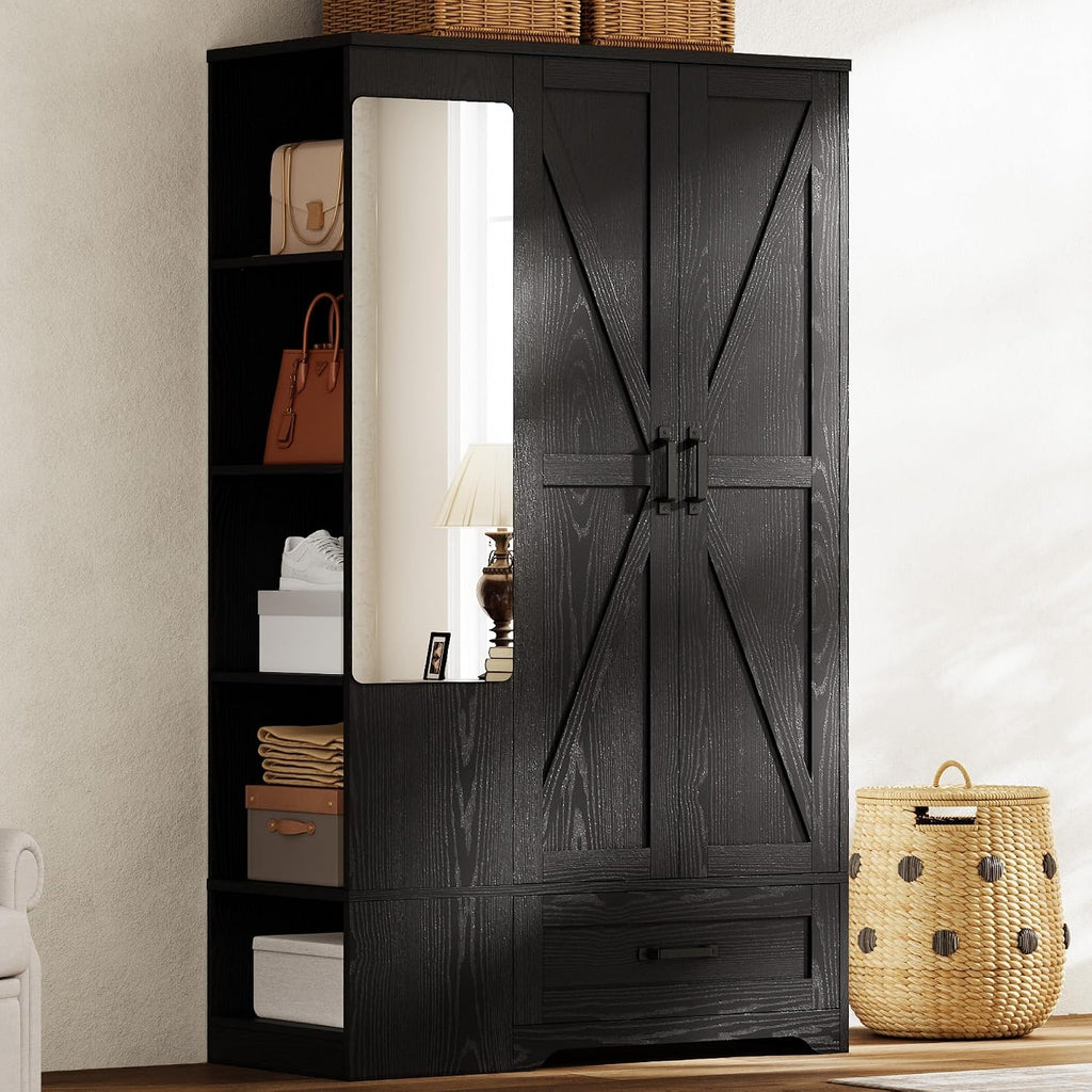 LIKIMIO Armoire Wardrobe Closet 70 Inches, Large Storage with Mirror, 2 Doors, Drawer, and Shelves, Modern Bedroom Freestanding Wooden Wardrobe Combination with Hanging Rail, Black