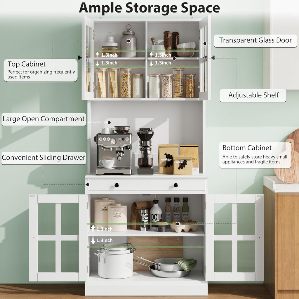 Garvee 72 Inch Kitchen Pantry Cabinet with Glass Doors, Drawer and Adjustable Shelves, Farmhouse Tall Storage Cabinet with Open Countertop, Coffee Bar Cabinet for Coffee Corner, White | Adjustable Shelves, Open Countertop, Perfect as Coffee Bar Cabinet