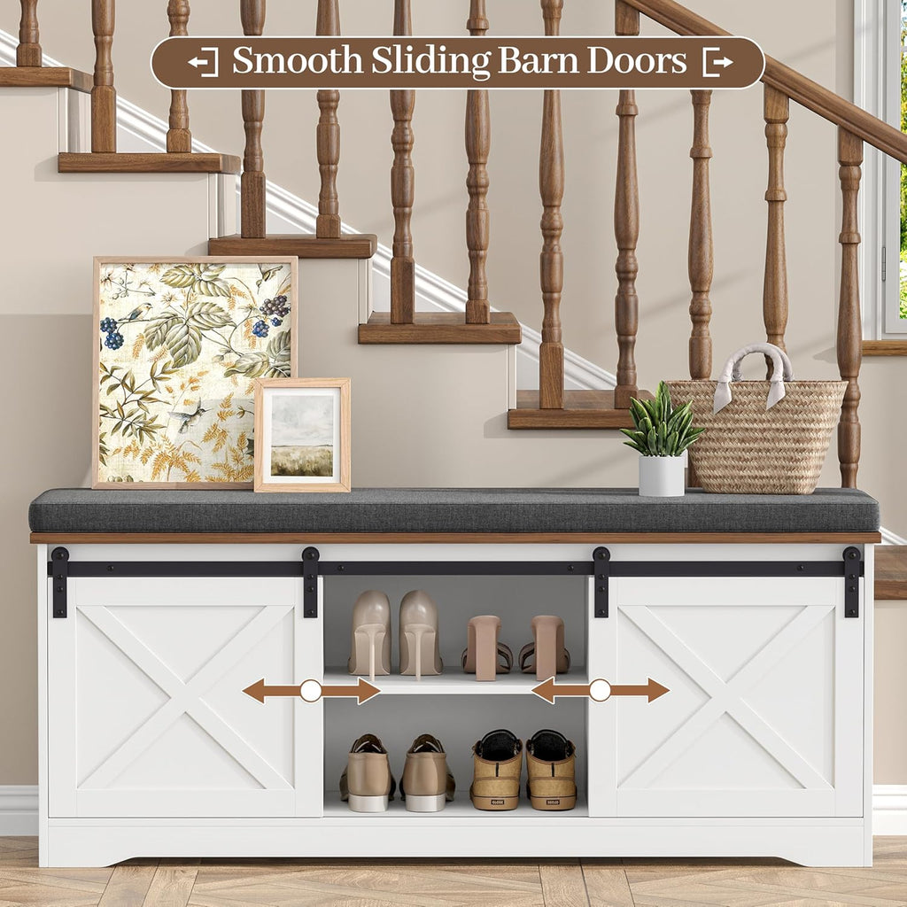 Farmhouse Storage Bench with Cushion, 47.2" Shoe Bench with Slide Barn Doors and Adjustable Shelves, Entryway Bench with Storage for Bedroom, Closet, Living Room, Hallway, White