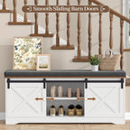 Farmhouse Storage Bench with Cushion, 47.2" Shoe Bench with Slide Barn Doors and Adjustable Shelves, Entryway Bench with Storage for Bedroom, Closet, Living Room, Hallway, White