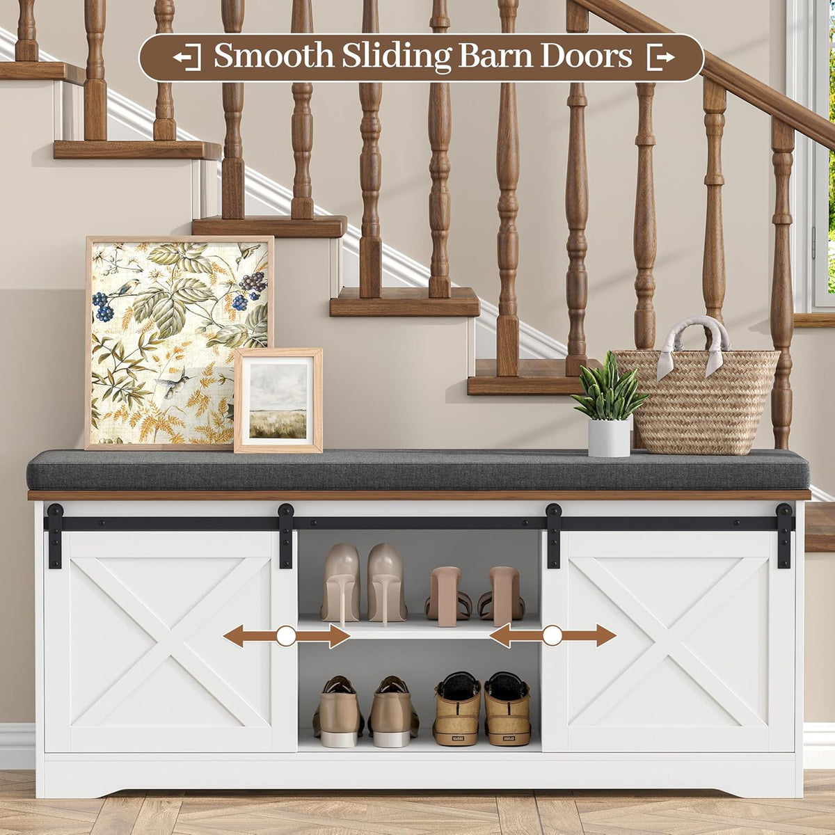 Farmhouse Storage Bench with Cushion, 47.2" Shoe Bench with Slide Barn Doors and Adjustable Shelves, Entryway Bench with Storage for Bedroom, Closet, Living Room, Hallway, White