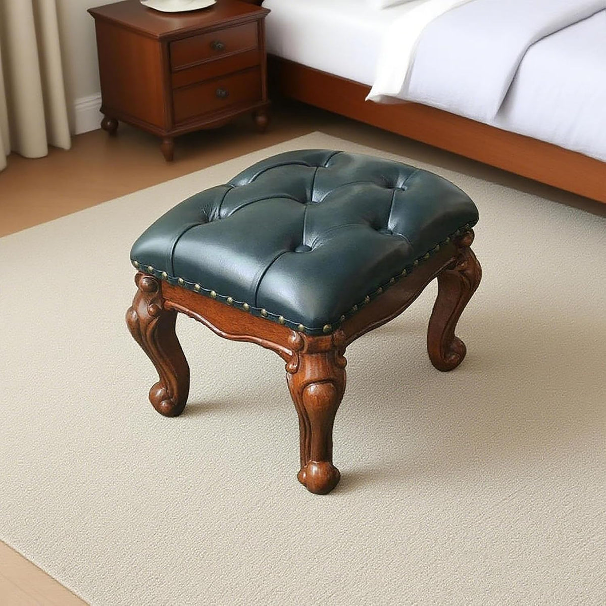 Leather Foot Stool,Vintage Footstools,Wooden Footrest,Upholstered Foot Rest for Living Room,Sofa,Entryway,Solid Wood Stool Walnut (Blue)