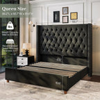 Jocisland Queen Bed Frame 61.4" Tall Headboard Velvet upholstered,Black