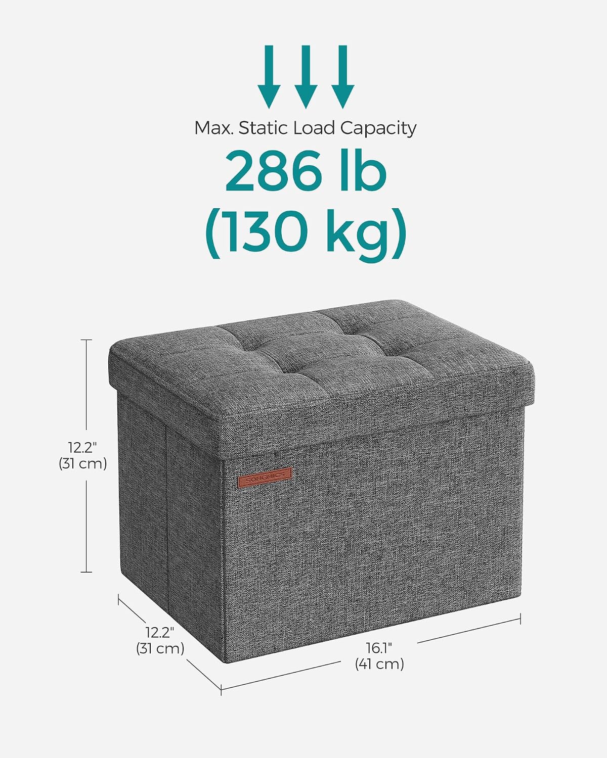 SONGMICS Small Folding Storage Ottoman, 15.7 x 12.2 x 12.2 Inches | Foot Rest Stool, 286 lb Load Capacity, Slate Gray and Ink Black, MINOTA Collection ULSF102G21