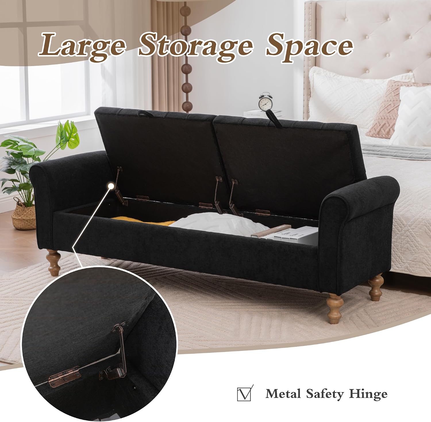 Chifee & Vingol 65" Storage Ottoman Bench Upholstered End of Bed Bench Modern Entryway Benches Double Openings Window Benches for Bedroom Living Room Entryway,Black