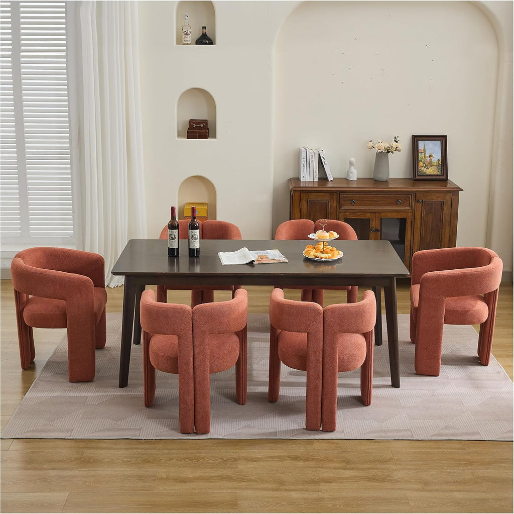 adochr Modern Barrel Dining Chairs Set of 6, Upholstered Linen Dining Room Chair with Wooden Legs, Accent Chairs with Arms, Comfy Side Armchairs for Kitchen/Dining Room/Living Room, Orange