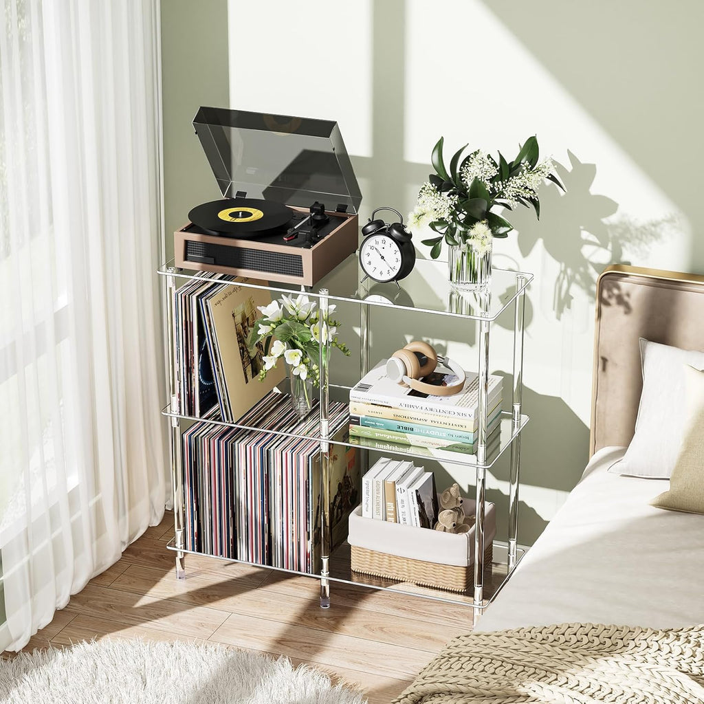Clear Acrylic Record Player Stand with Vinyl Storage, 31.5" L x 11.8" W x 30.7" H, 3 Tier Side Turntable Table with Large Album Shelf, Modern End Table Bookshelf for Living Room, Bedroom
