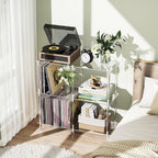Clear Acrylic Record Player Stand with Vinyl Storage, 31.5" L x 11.8" W x 30.7" H, 3 Tier Side Turntable Table with Large Album Shelf, Modern End Table Bookshelf for Living Room, Bedroom