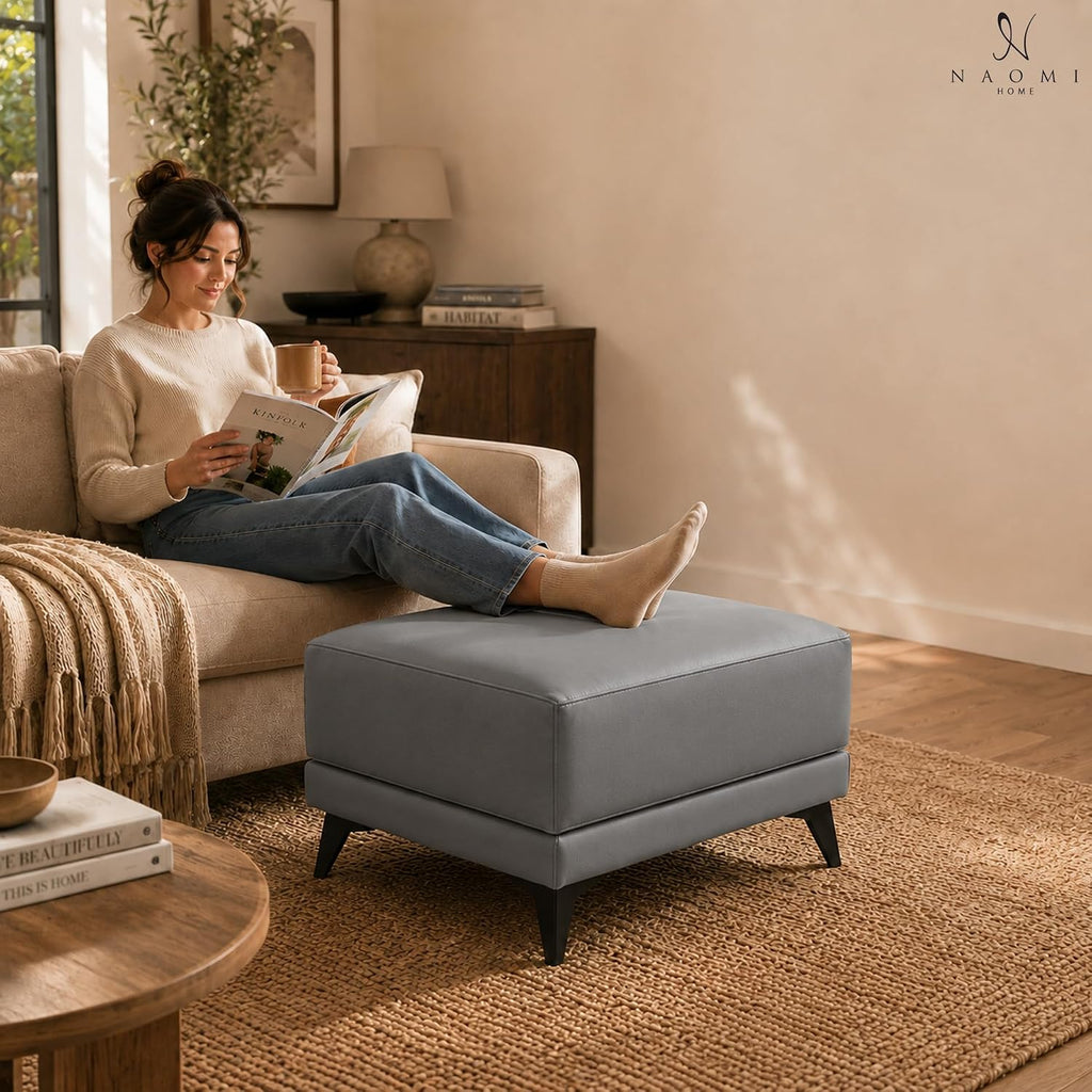 Naomi Home Dora 29.5" Square Ottoman | Synthetic Leather Footstool, Couch Footrest & Extra Seating for Living Room, Gray