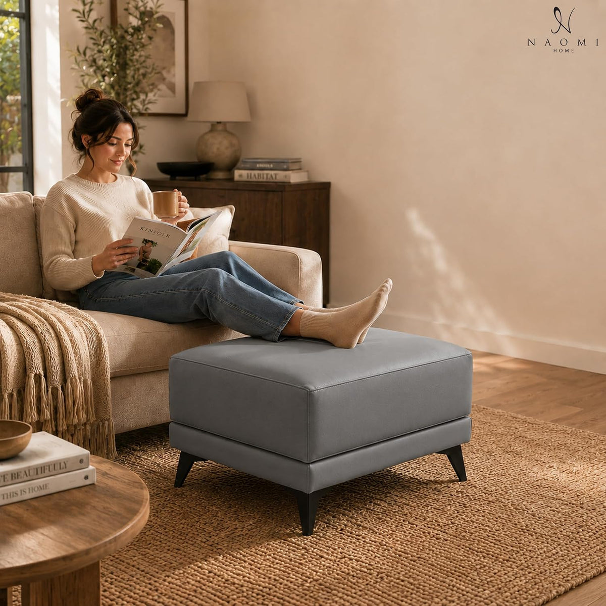 Naomi Home Dora 29.5" Square Ottoman | Synthetic Leather Footstool, Couch Footrest & Extra Seating for Living Room, Gray