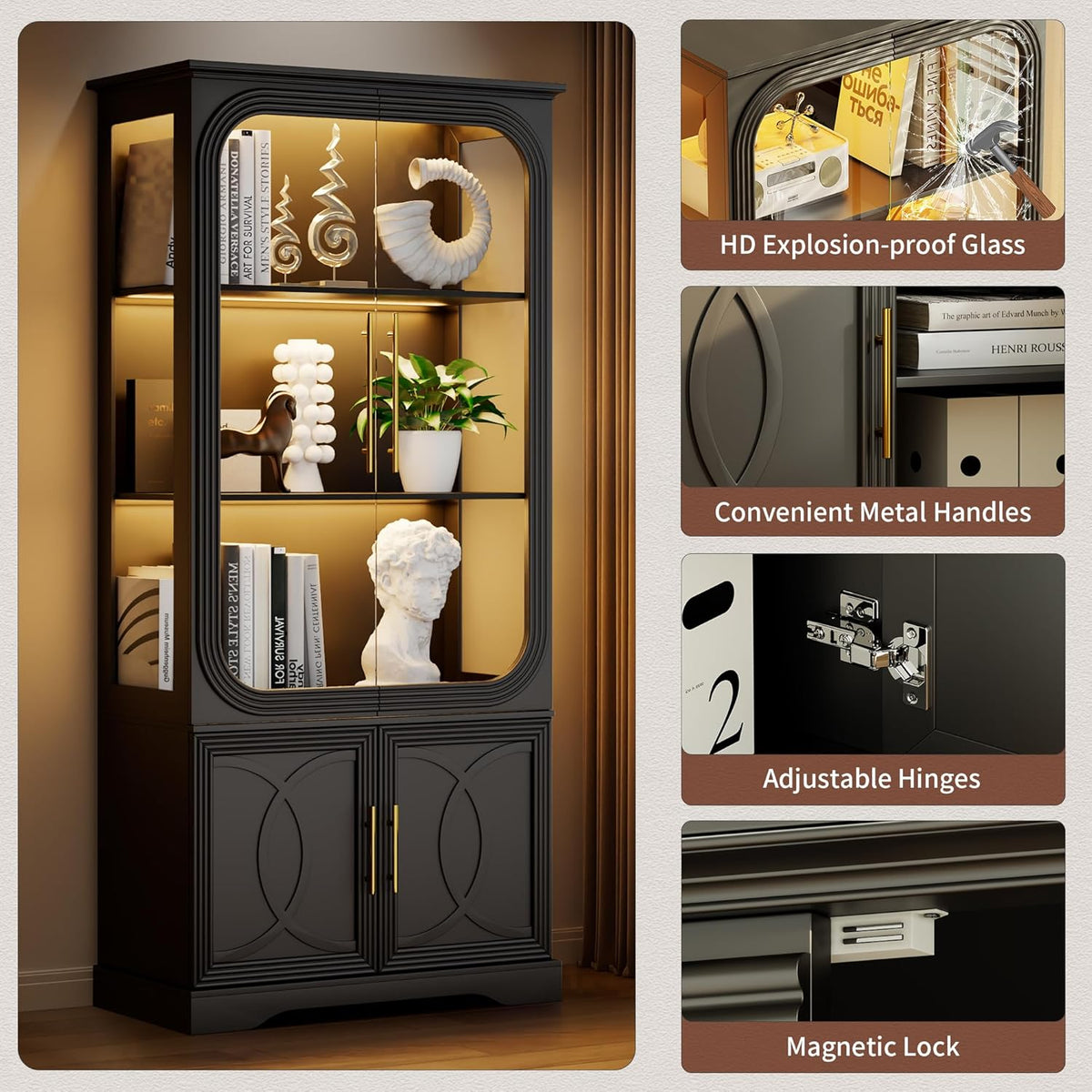 69" Tall Display Cabinet with Glass Doors, Curio Cabinet with 3 LED Lights and Human Body Sensor, Glass Display Case with Storage Cabinet for Living Room, Black