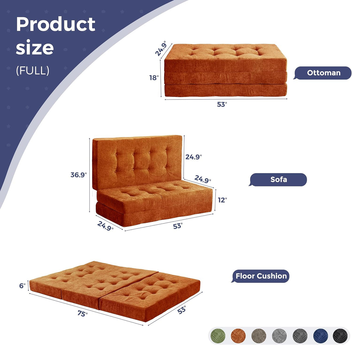 MAXYOYO 6" Folding Sofa Bed for Floor, Tufted Tri-Fold Floor Mattress | Full Size Portable Sofa Couch Guest Mat with Chenille Fabric for Adults, Foldable Topper for Camping, Orange, Full