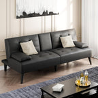 Shintenchi 64" Futon Sofa Bed, Leather Foldable Couch, Upholstered Loveseat Sofa Couch with Folding Cup Holders, Reclining Sleeper with Removable Armrests for Home, Office, Black