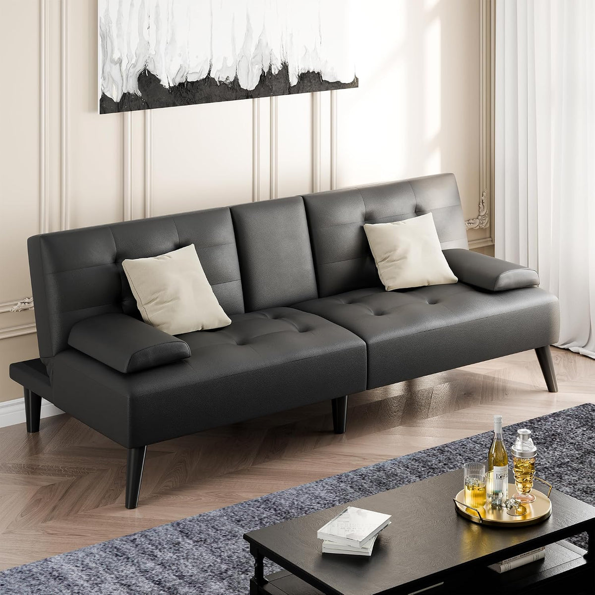 Shintenchi 64" Futon Sofa Bed, Leather Foldable Couch, Upholstered Loveseat Sofa Couch with Folding Cup Holders, Reclining Sleeper with Removable Armrests for Home, Office, Black