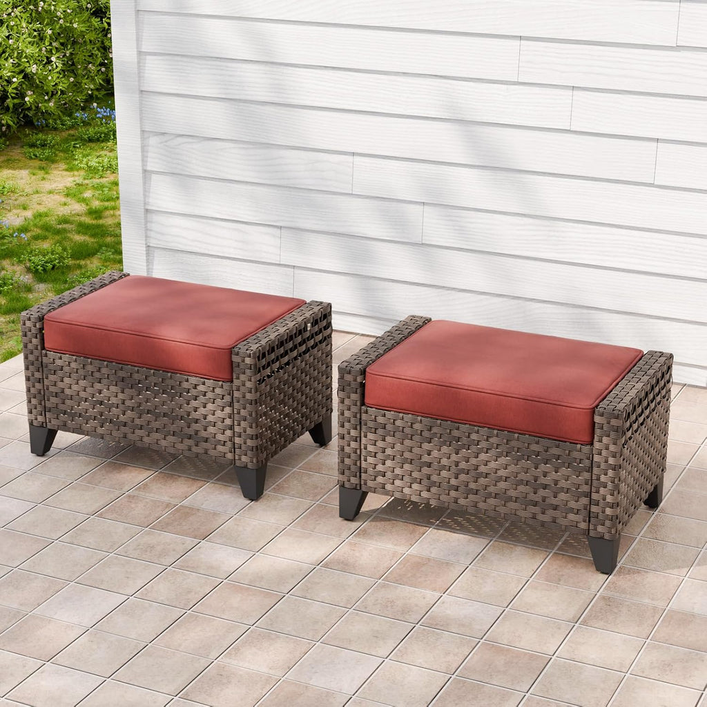 2 Pieces Modern Outdoor Wicker Patio Footstools, Multipurpose PE Rattan Ottomans Set for Poolside, Backyard and Balcony, Brown/Red
