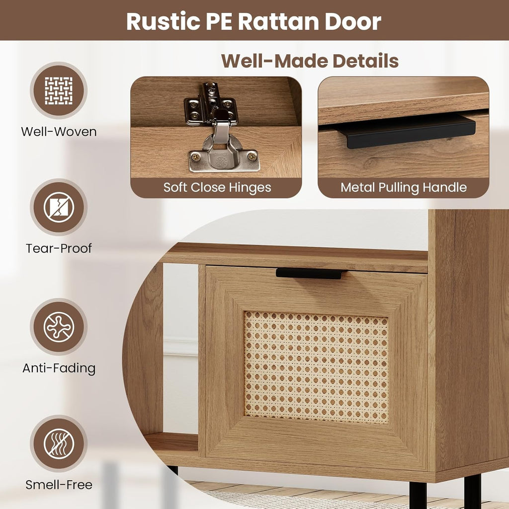 Giantex Rattan End Table with Cabinet, Boho Nightstand with Storage Shelves, Narrow Side Table for Small Space, Rustic Wooden Bedside Tables for Bedroom, Living Room, Entryway