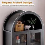 71" Fluted Arched Glass Door Cabinet, Tall Display Cabinet with Adjustable Shelves & Hidden Drawer, Soft Close China Hutch for Kitchen, Dining Room, Living Room (Black)