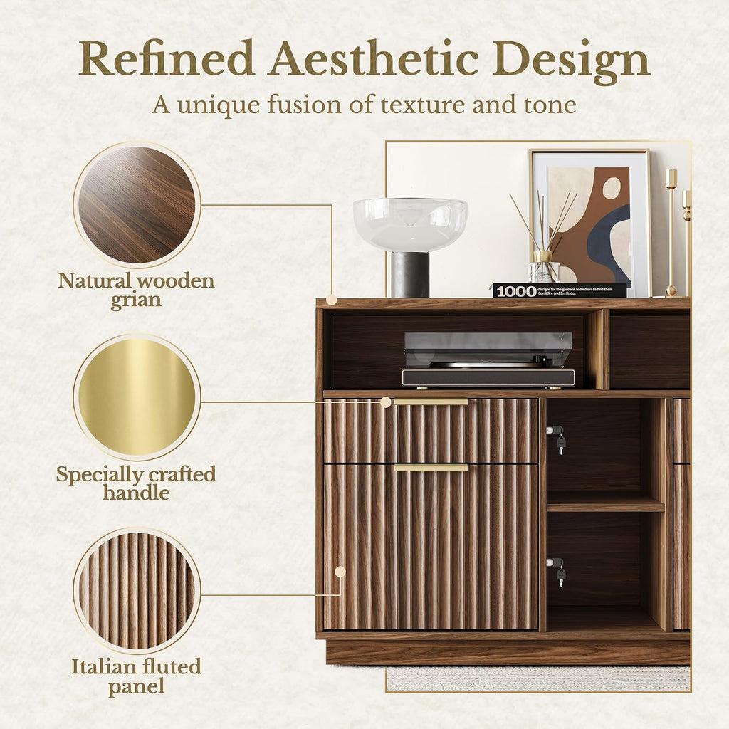4 Drawer Fluted File Cabinet with Lock for Home Office | Wood Lateral Filing Cabinet for Letter/A4 Files, Charging Station, Open Shelves, Office Storage Cabinet, Black Walnut