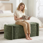 Oval Ottoman Bench with 20 Gal of Storage Space Upholstered Chenille Seat End of Bed Storage Bench Storage Ottoman with Storage for Bedroom, Living Room, Entryway, Window(Green)