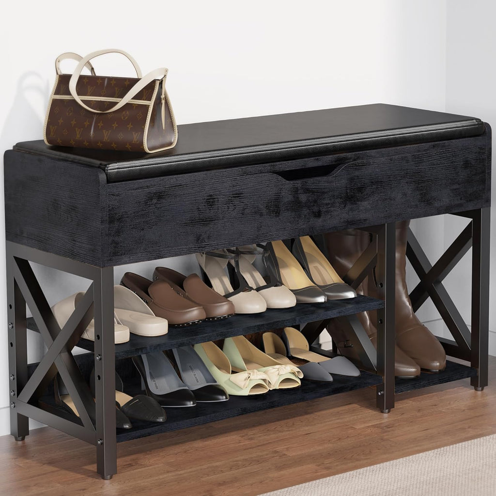 Shoe Bench, Lift Top Shoe Storage Bench, Adjustable Shelf Entryway Bench with Padded Cushion for Entry, Closet, Living Room, Hallway, 2-Tier Shoe Rack Organizer(Black, 35.5“W)