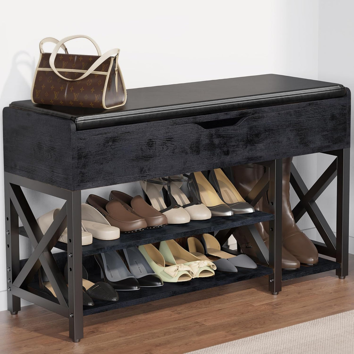 Shoe Bench, Lift Top Shoe Storage Bench, Adjustable Shelf Entryway Bench with Padded Cushion for Entry, Closet, Living Room, Hallway, 2-Tier Shoe Rack Organizer(Black, 35.5“W)