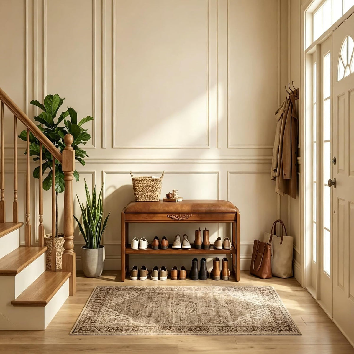 Shoe Rack Bench,2 Tiers Shoe Bench with Storage with Flip-Top,Wood Shoe Rack for Entryway,Hallway(Solid Upholstered Seat,31.5")